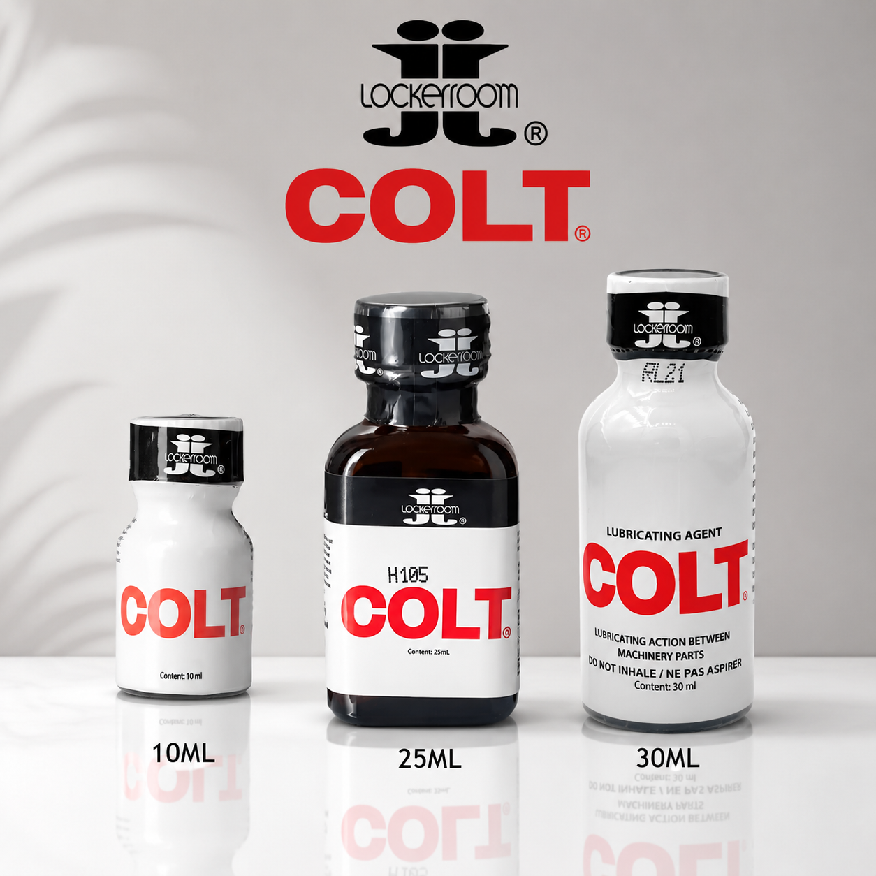 Three Lockeyroom Colt lubricating agent bottles in 10ml, 25ml, and 30ml sizes, arranged on a reflective white surface against a light gray background with a large Lockeyroom and Colt logo at the top.