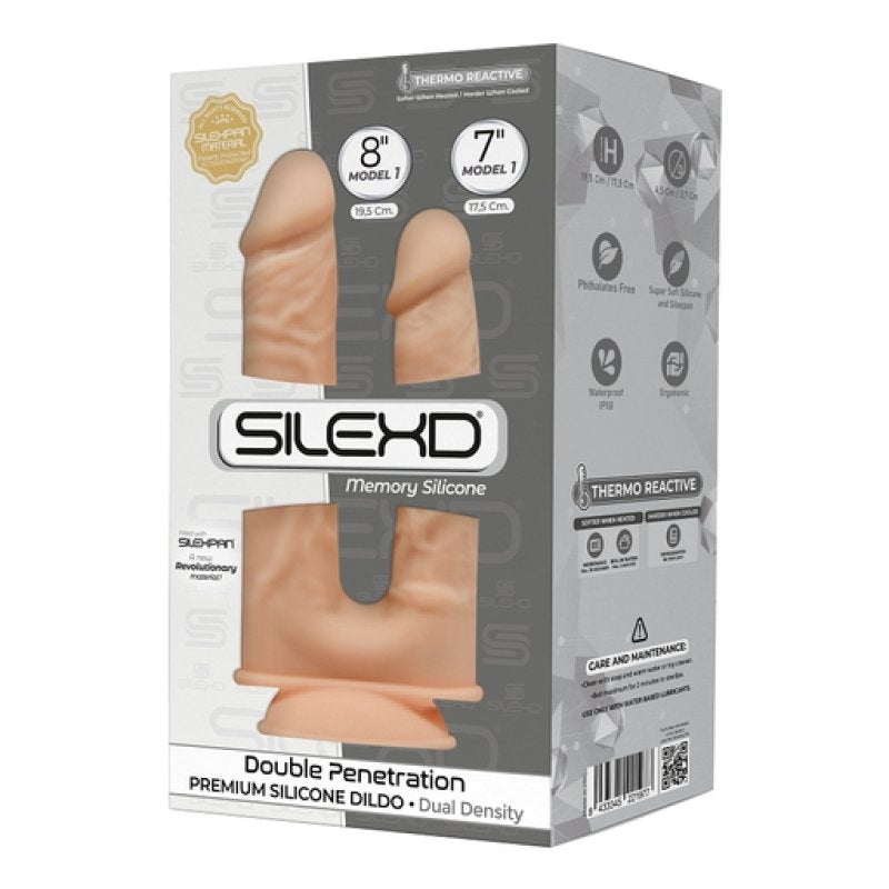 Silexd Memory Silicone double penetration dildo in its retail packaging, featuring a flesh-toned silicone product depicted on a gray and white box.