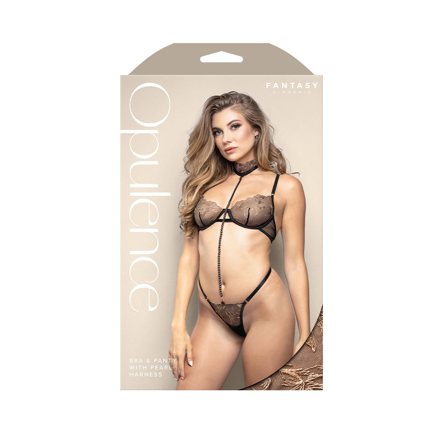 OPULENCE Bra & Panty with Pearl Harness SM - Black - S/M Size