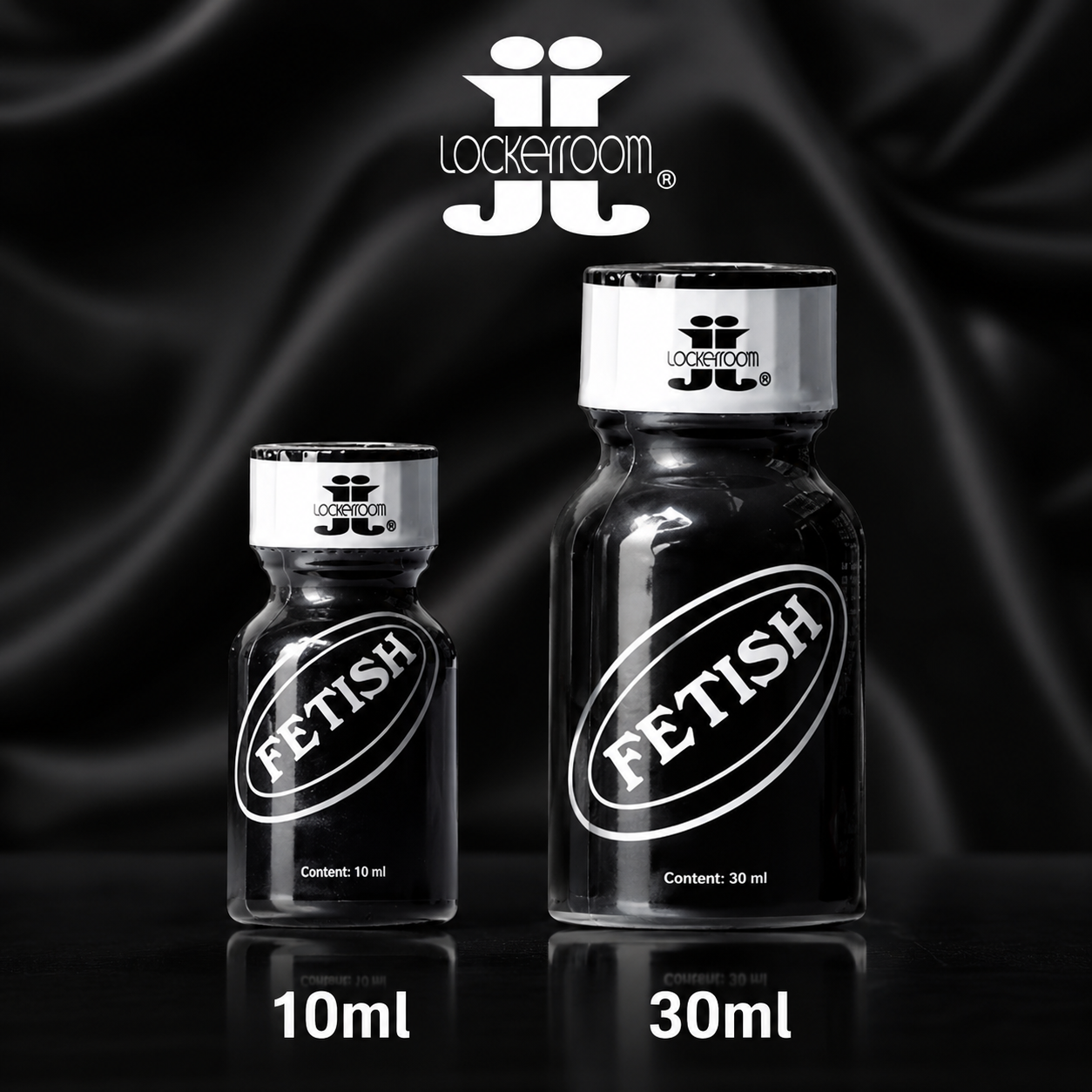 Two clear glass vials with silver caps labeled 'FETISH' and the 'Lockerroom' brand logo, shown in 10ml and 30ml sizes against a black satin background.