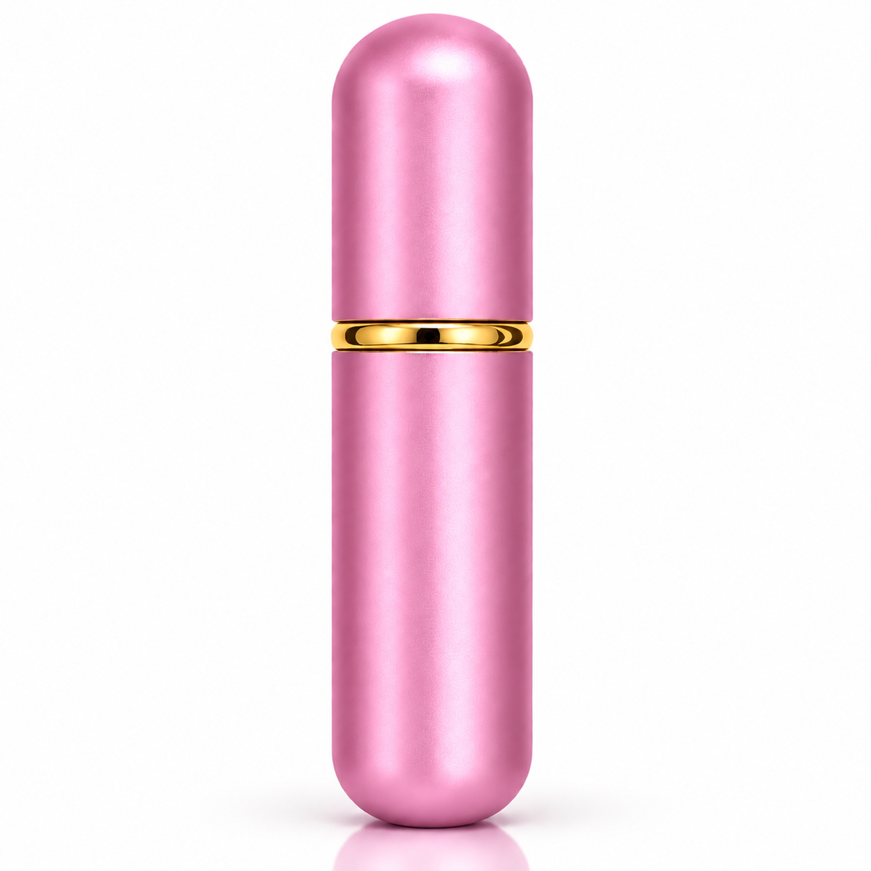 A metallic pink cylindrical cosmetic container with a matching pink cap and a shiny gold band around the middle, shown on a clean white background.