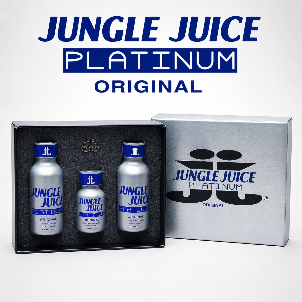 Jungle Juice Platinum Original gift set featuring three silver bottles with blue caps in a black presentation box, alongside the silver outer packaging box with the Jungle Juice logo. The text 'JUNGLE JUICE PLATINUM ORIGINAL' is displayed at the top.