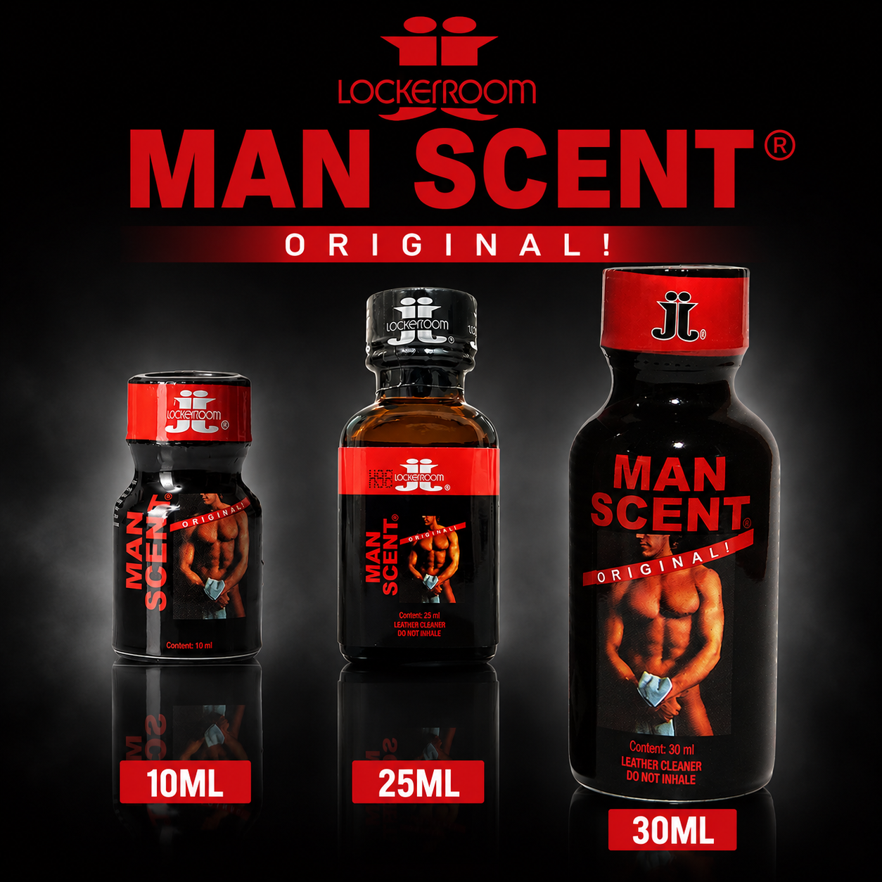 Three bottles of Lockerroom Man Scent Original liquid cleaner shown in 10ml, 25ml, and 30ml sizes against a black background with red and white branding.