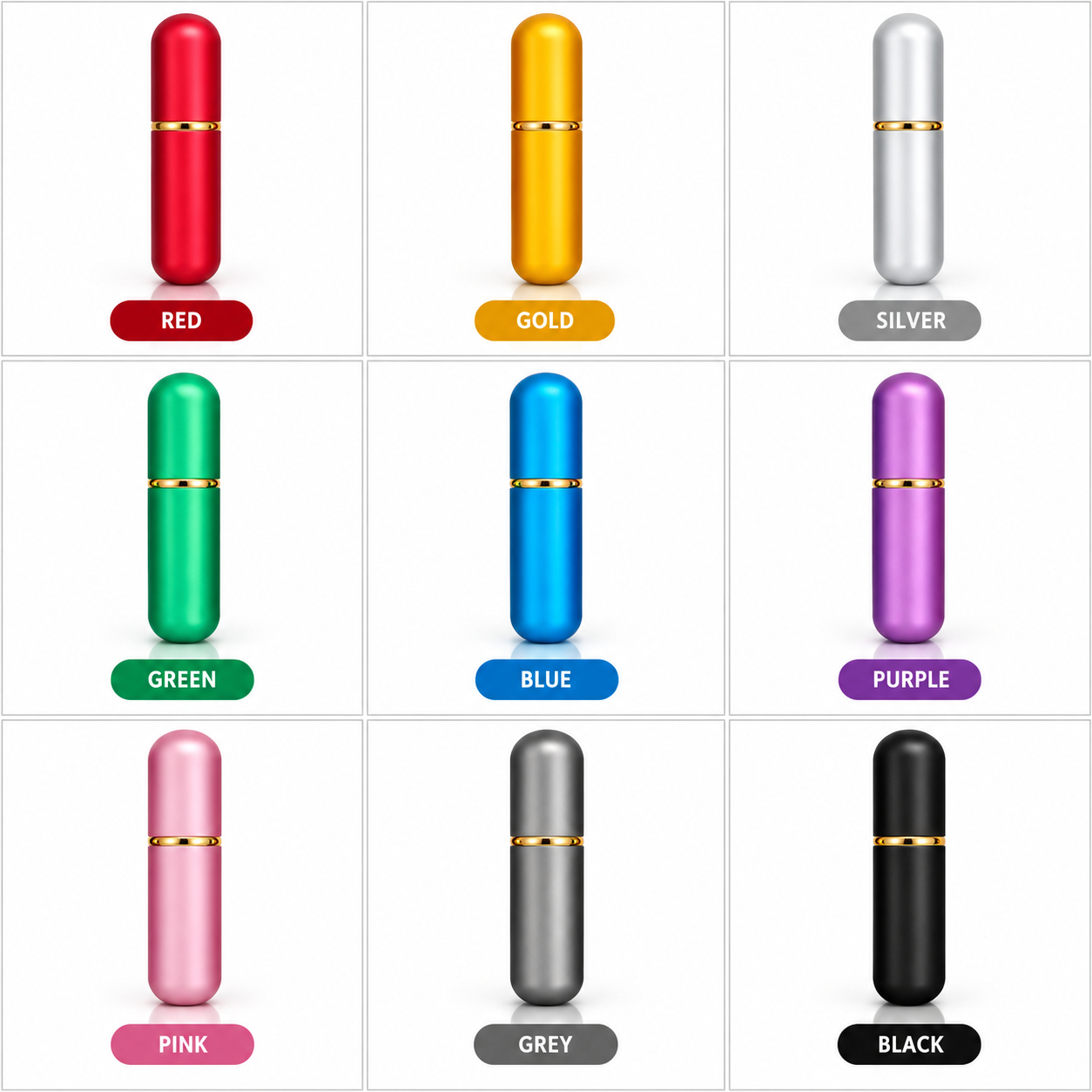 A 3x3 grid showing nine capsule-shaped product renders in different colors, each labeled with a color name underneath. The capsules include red, gold, silver, green, blue, purple, pink, grey, and black, with a thin metallic gold band near the top of each.