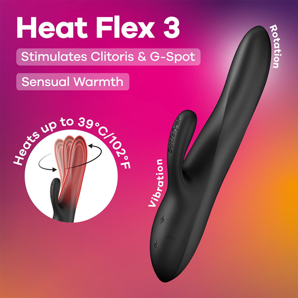 Satisfyer Heat Flex 3 - 23 cm USB-C Rechargeable Warming and Rotating Rabbit Vibrator - Take A Peek