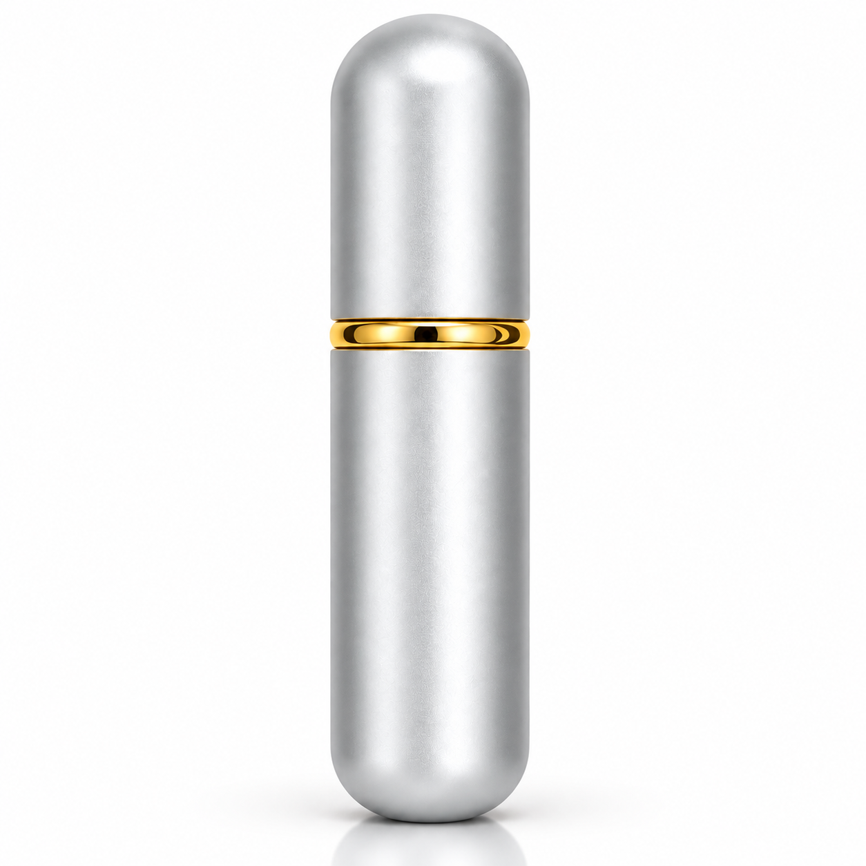 A sleek, metallic silver capsule-shaped cosmetic container with a shiny gold accent band around the middle, set against a clean white background.