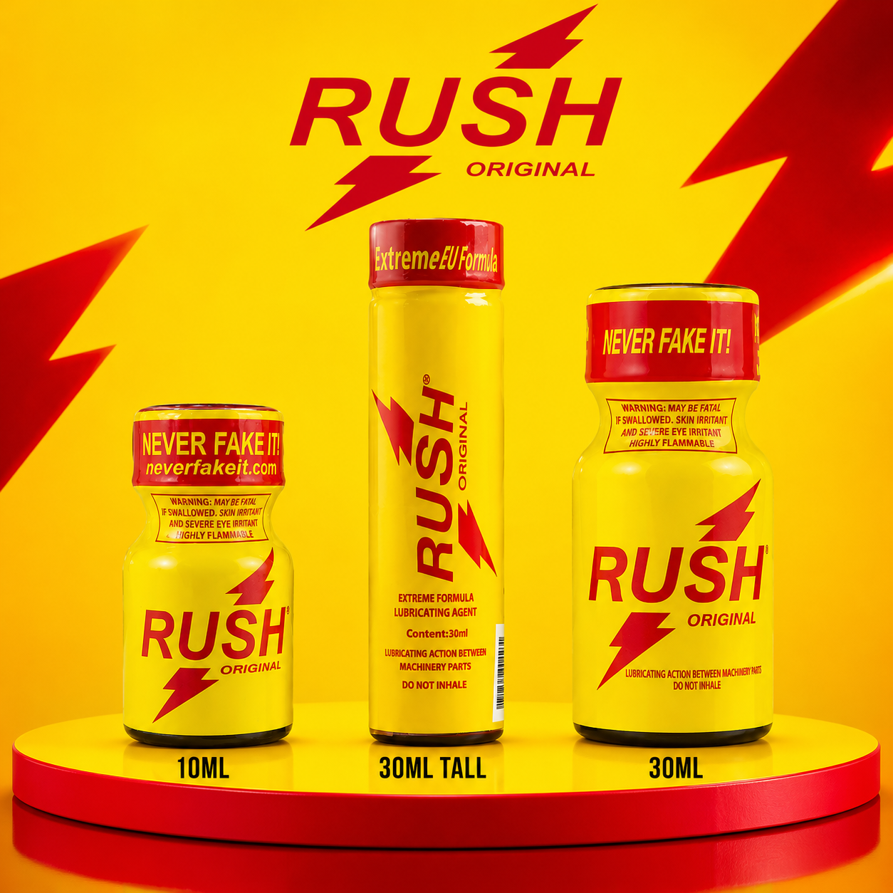 Three yellow and red bottles of RUSH Original poppy seed sauce displayed on a matching yellow and red pedestal against a yellow background with red lightning bolts. The bottles are labeled 10ML, 30ML TALL, and 30ML.