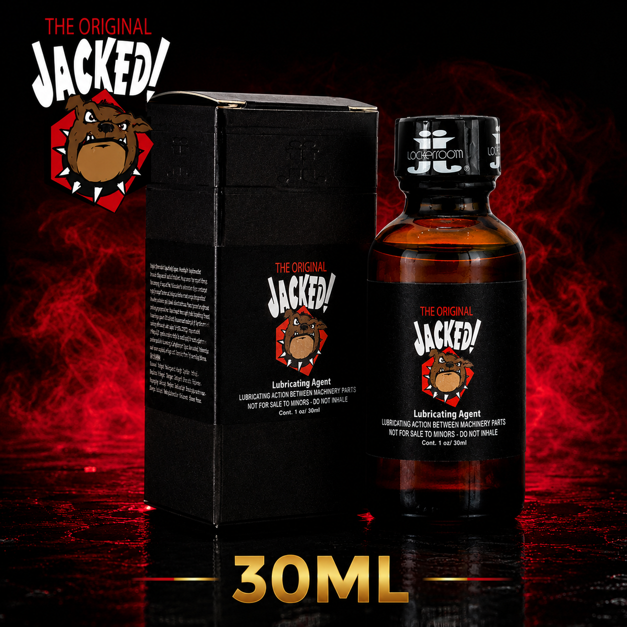 An amber glass bottle of lubricating agent next to its black box packaging, both featuring the 'The Original Jacked!' logo. The background is a dark, smoky red and black texture with a gold '30ML' text overlay at the bottom.