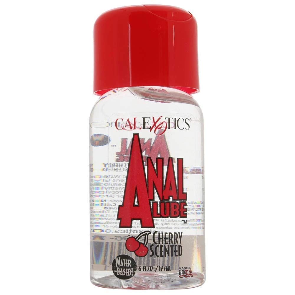 A bottle of CalExotics Cherry Scented Anal Lube, water-based, featuring a bright red cap and a clear bottle showing the liquid inside, set against a plain white background.