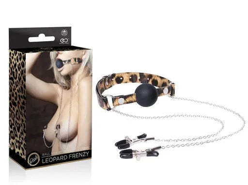 LEOPARD FRENZY SILICONE GAG BALL WITH NIPPLE CLAMPS - Take A Peek
