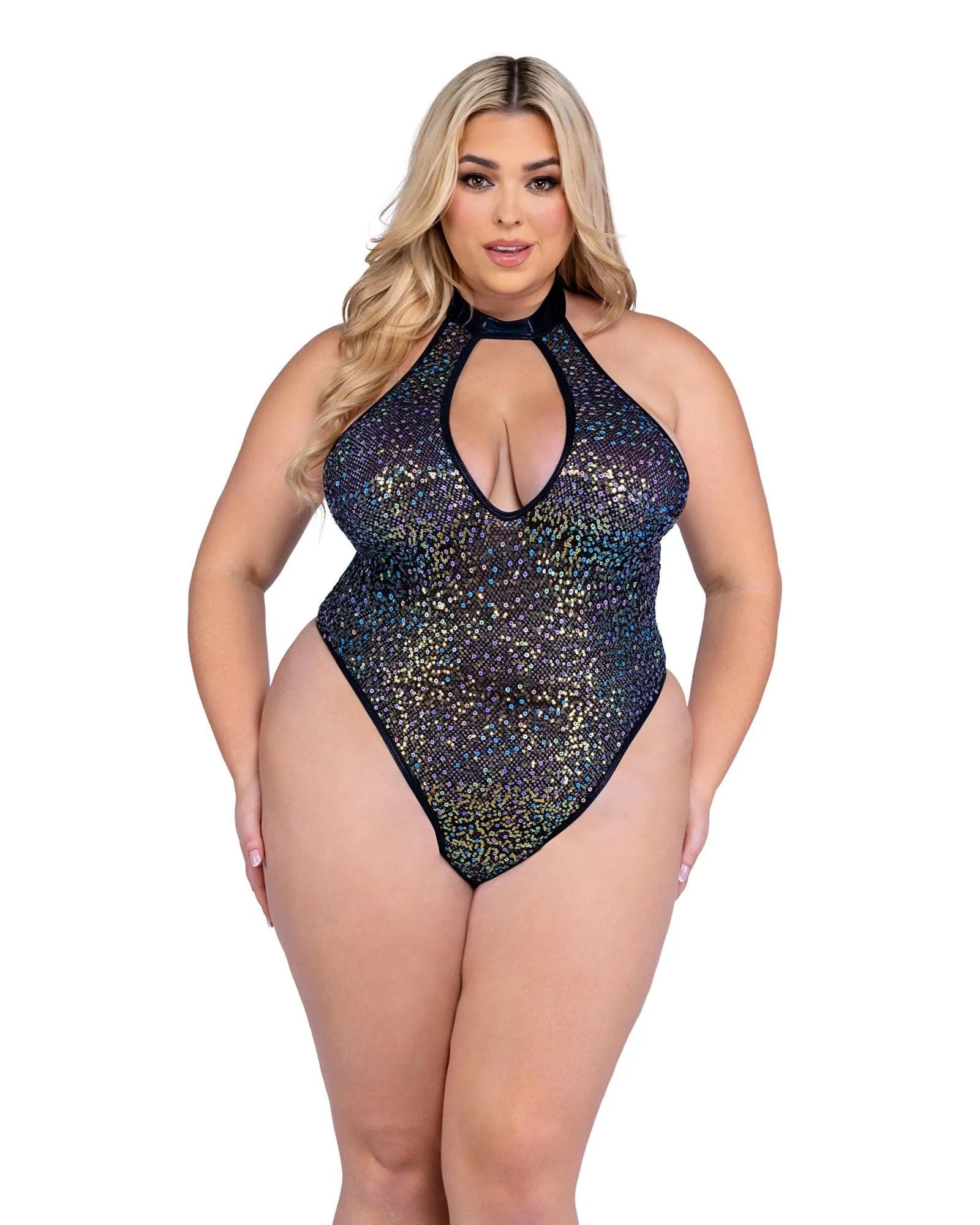 6431 - Sequin Fishnet Keyhole Romper - Take A Peek