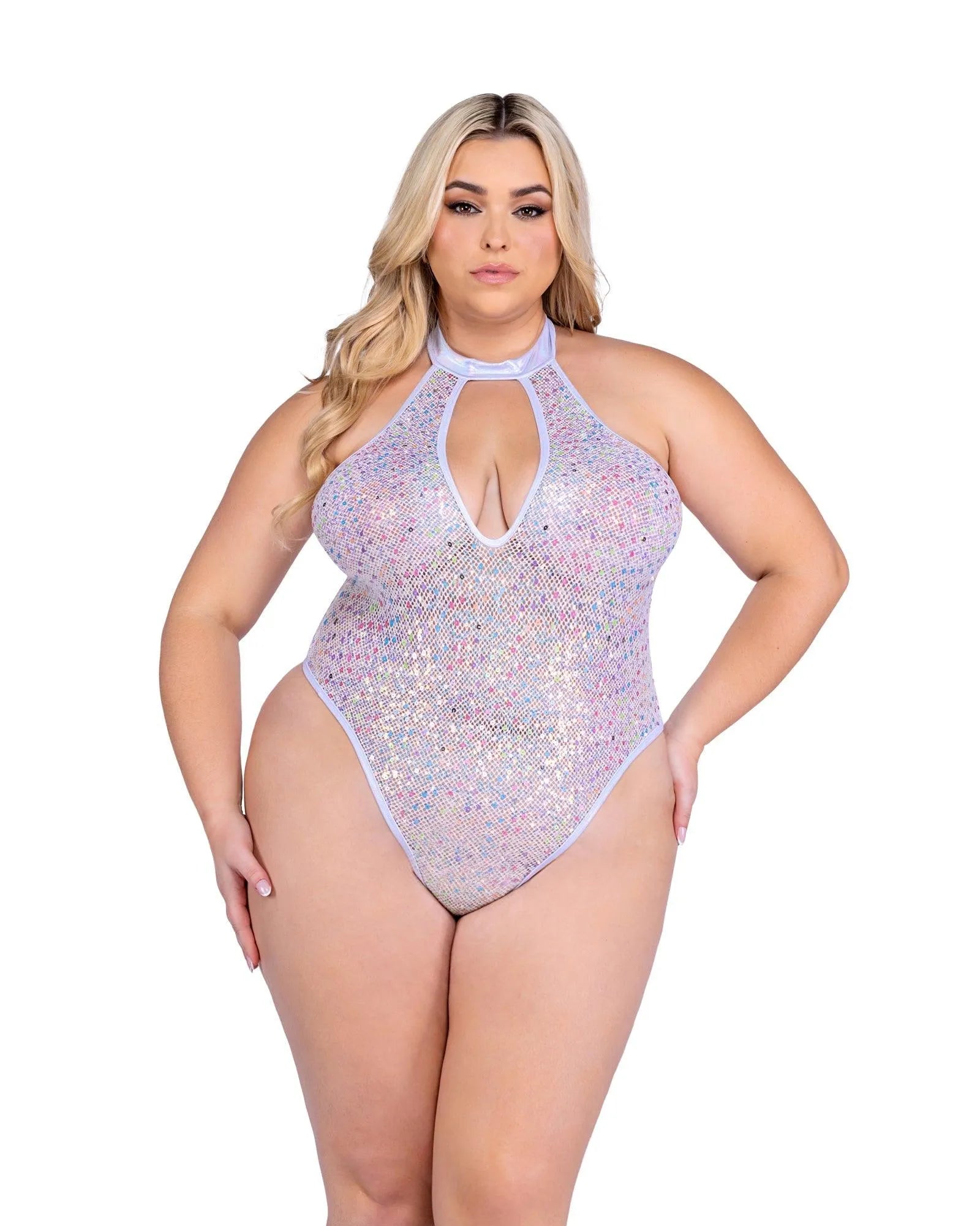 6431 - Sequin Fishnet Keyhole Romper - Take A Peek