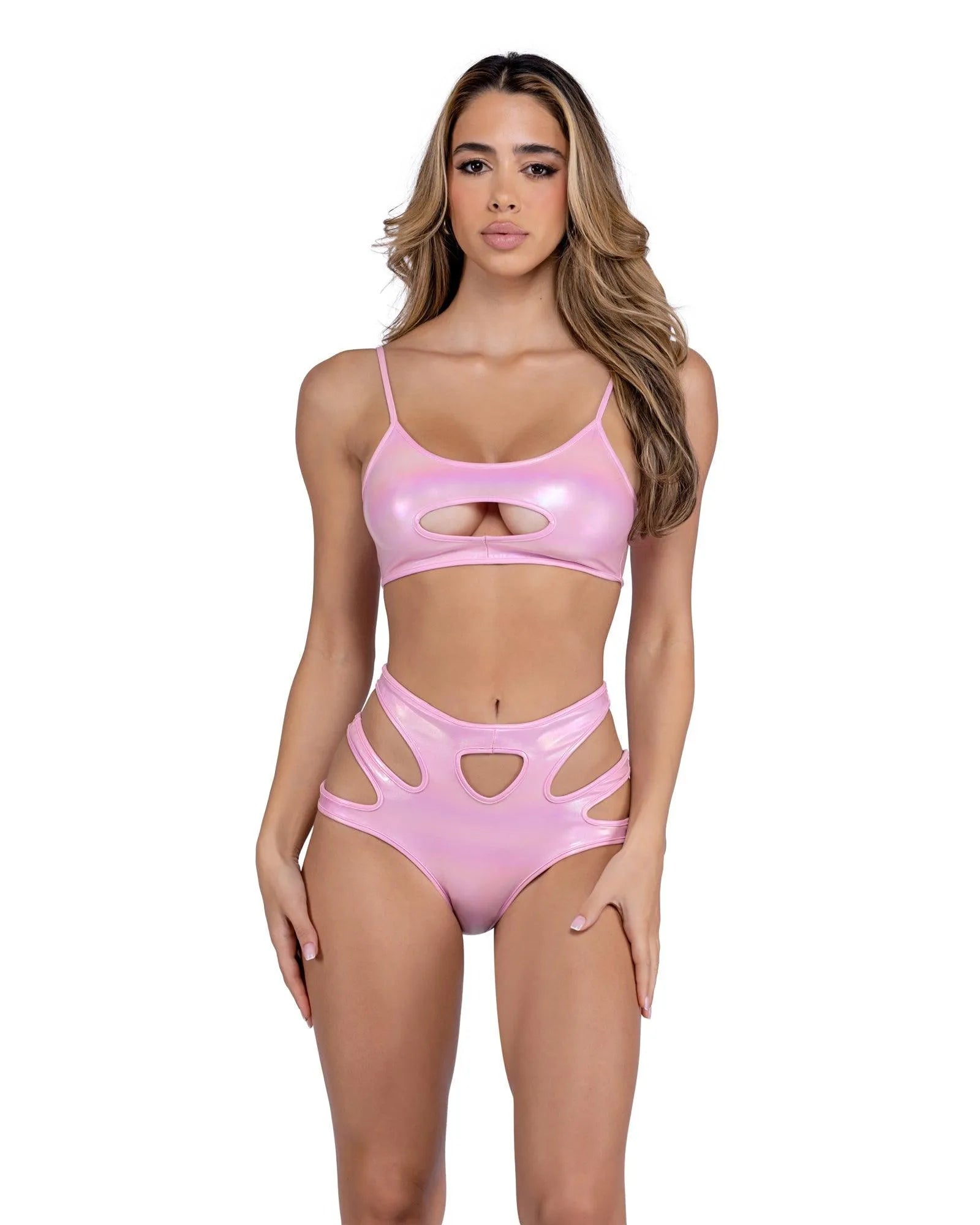 6448 - Metallic Iridescent Keyhole Cropped Top - Take A Peek