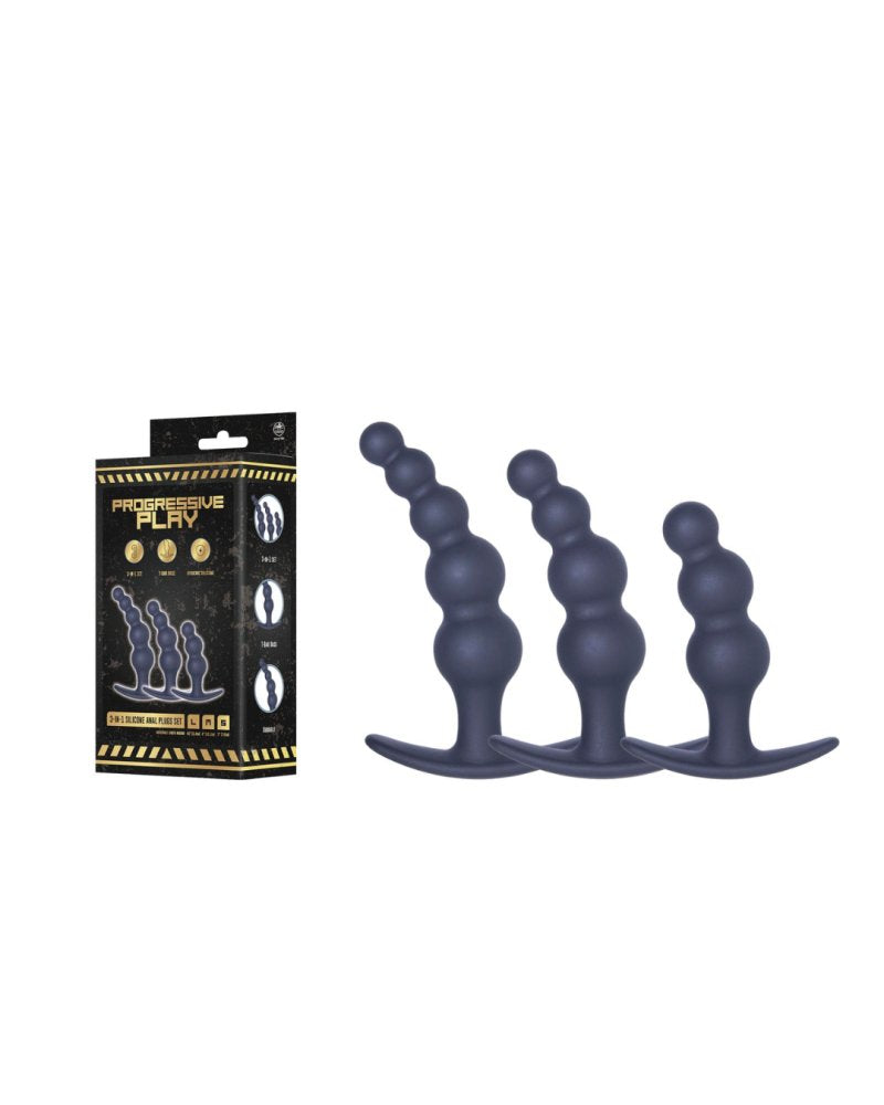Progressive Play 3 IN 1 SILICONE BUTT PLUG KIT SET IN BLACK-648939