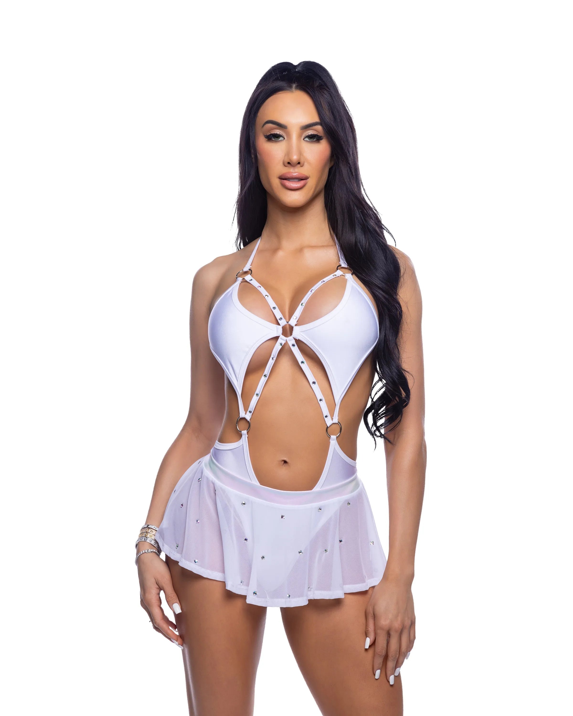 6668 - Bedazzled Mesh Mini Skirt with Rhinestone Detail - Take A Peek