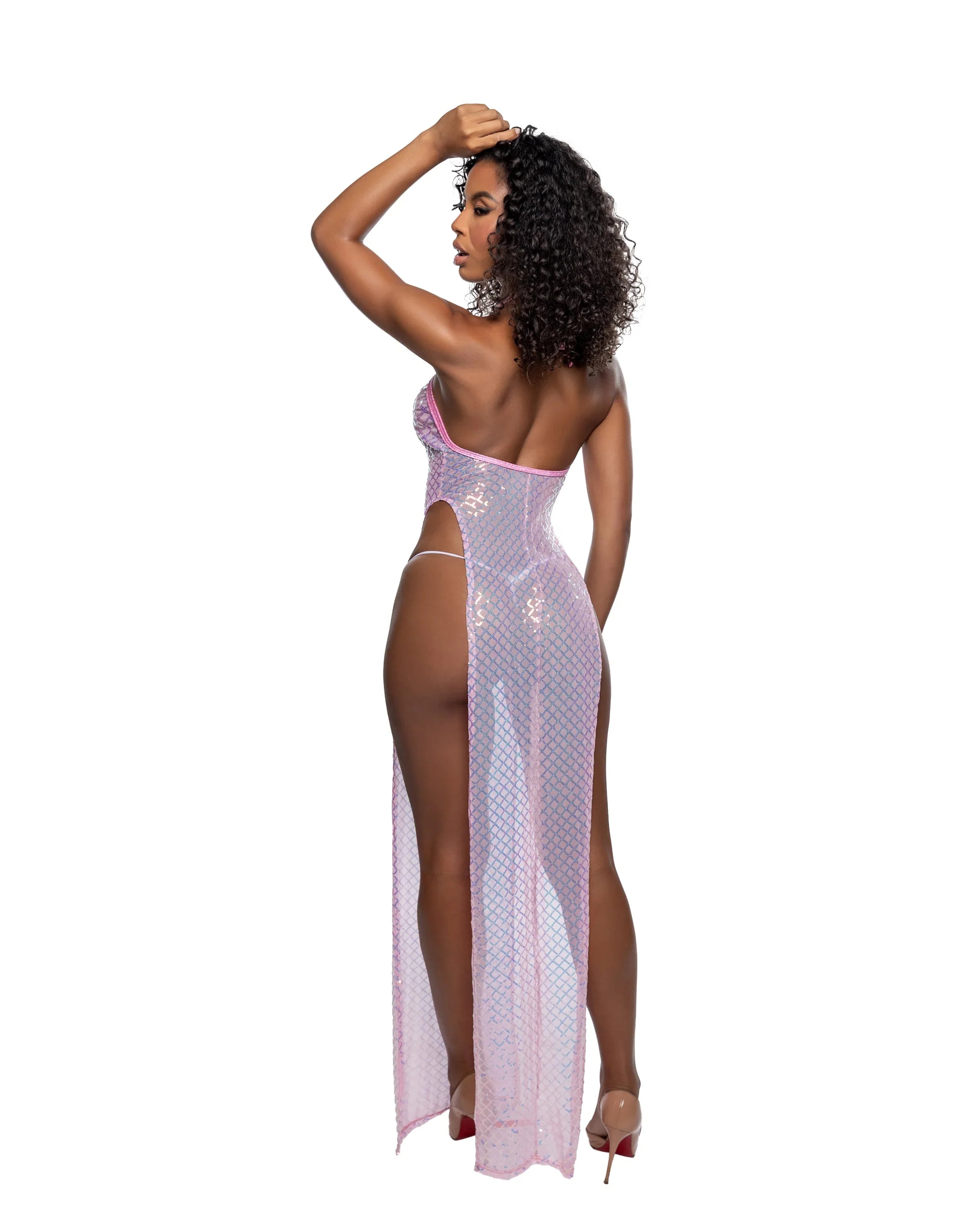6802 - Long Diamond Sequin Mesh Gown with Slits - Take A Peek