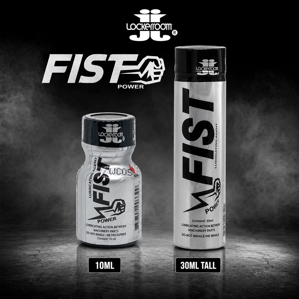 Two Lockroom FIST Power lubricating action spray bottles shown on a dark smoky background, labeled 10ML and 30ML TALL. The bottles are white with black caps and black branding text.