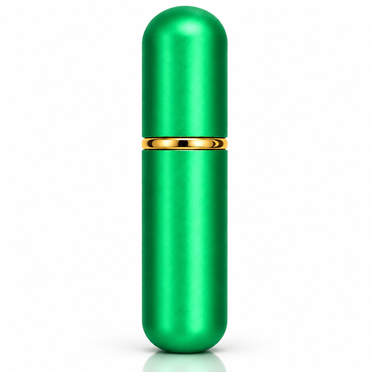A metallic green capsule-shaped cosmetic container with a gold band around the middle, shown on a clean white background.