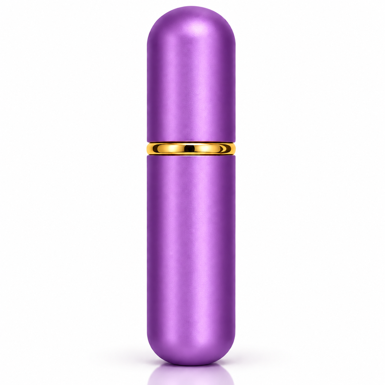 A metallic purple cylindrical cosmetic bottle with a gold band around the middle, shown on a clean white background.