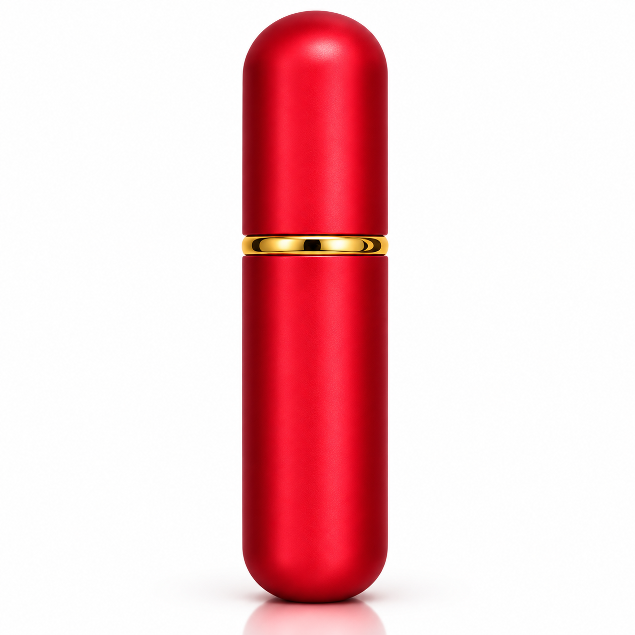 A red capsule-shaped portable speaker with a shiny gold metallic band around the middle, set against a plain white background.
