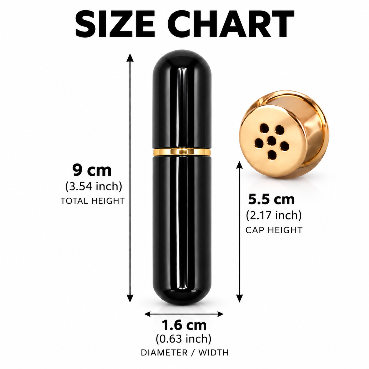 Size chart graphic showing a small black cylindrical bottle with a gold band and a separate gold cap, labeled with dimensions: 9 cm total height, 5.5 cm cap height, and 1.