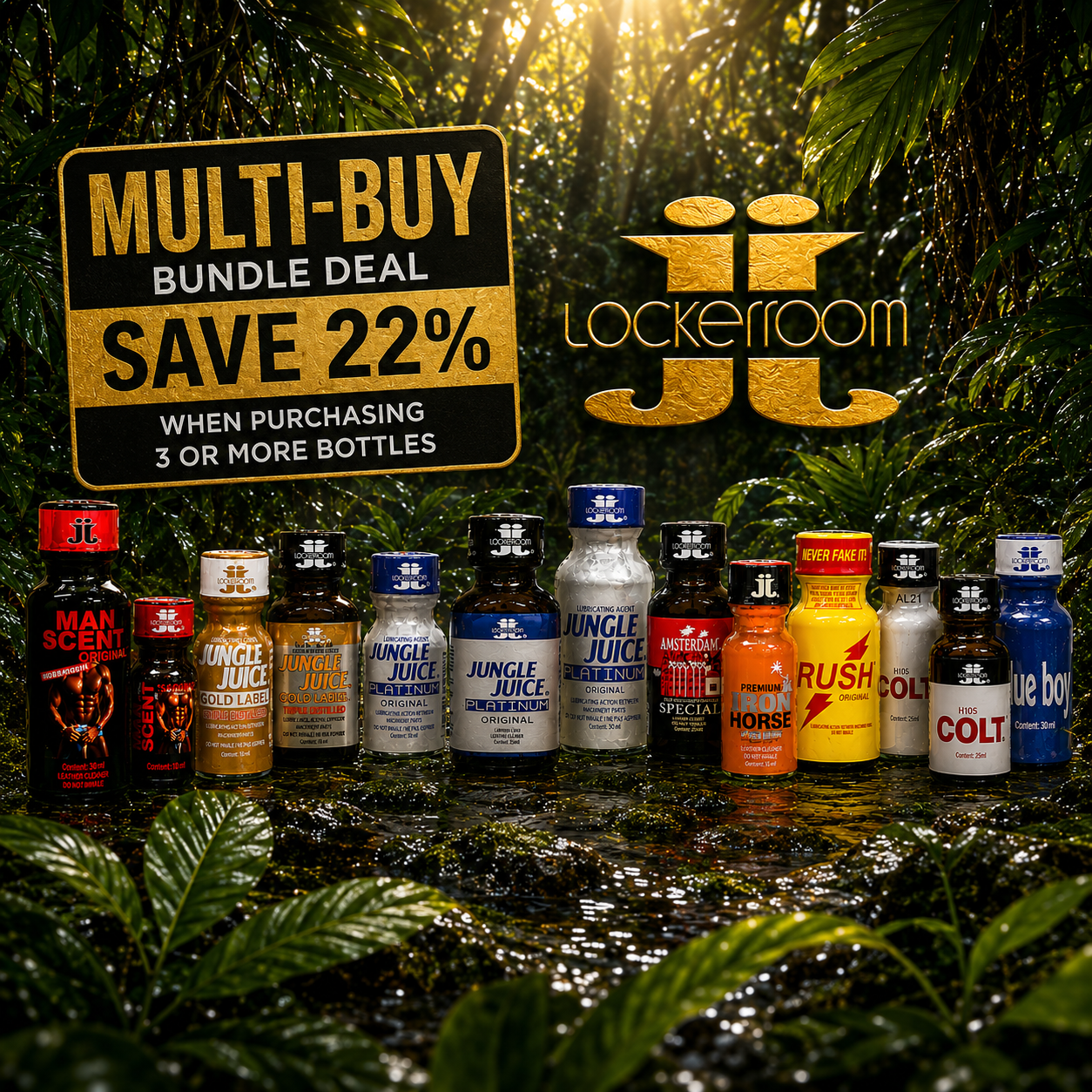 A bundle of ten different Lockerrroom bottled drinks arranged on a wet forest floor with lush green foliage and sunlight filtering through the background. A large promotional sign on the left reads 'MULTI-BUY BUNDLE DEAL SAVE 22% WHEN PURCHASING 3 OR MORE BOTTLES' and the Lockerrroom logo is displayed on the right.