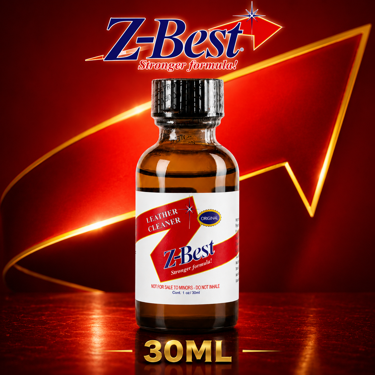 Z-Best Leather Cleaner 30ml bottle on a dark red background with glowing gold graphic lines and the Z-Best logo at the top.