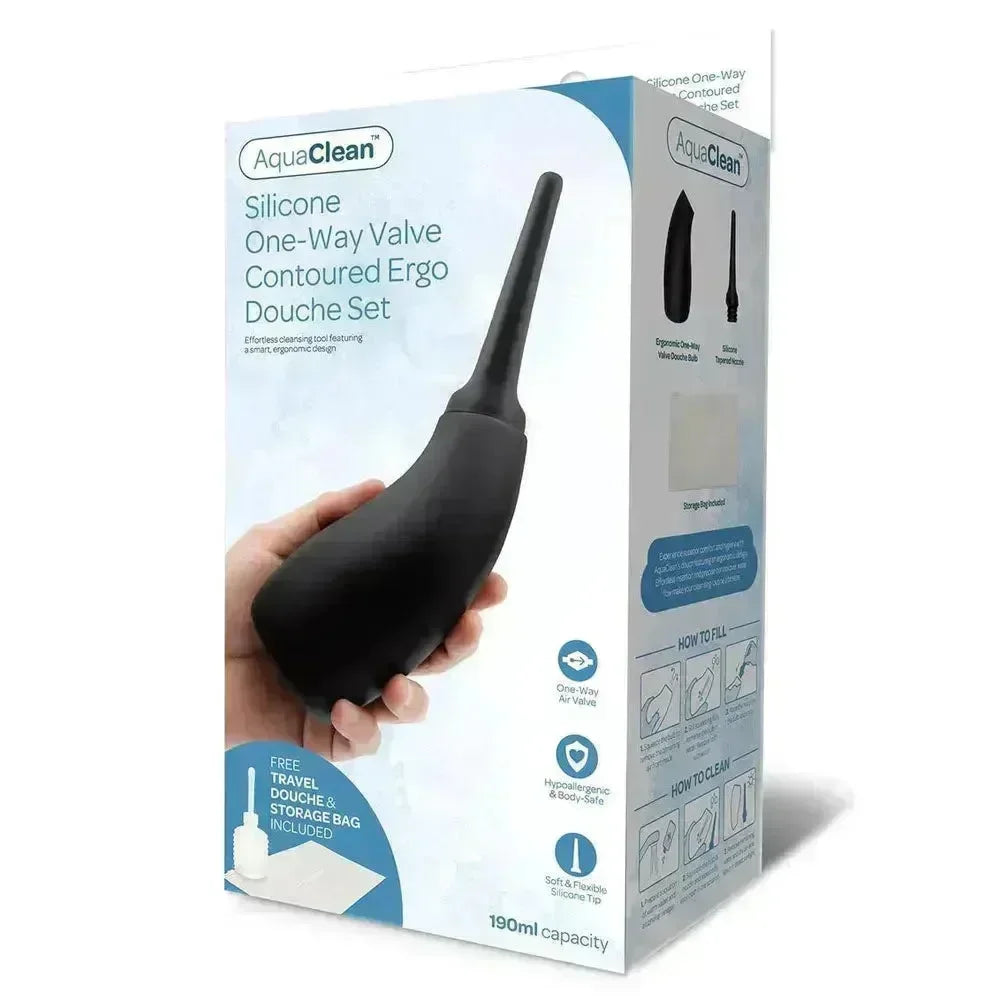 AquaClean Silicone 1-Way Valve Contoured Ergo Douche Set - 190 ml Capacity with Free Travel Douche Included - Take A Peek