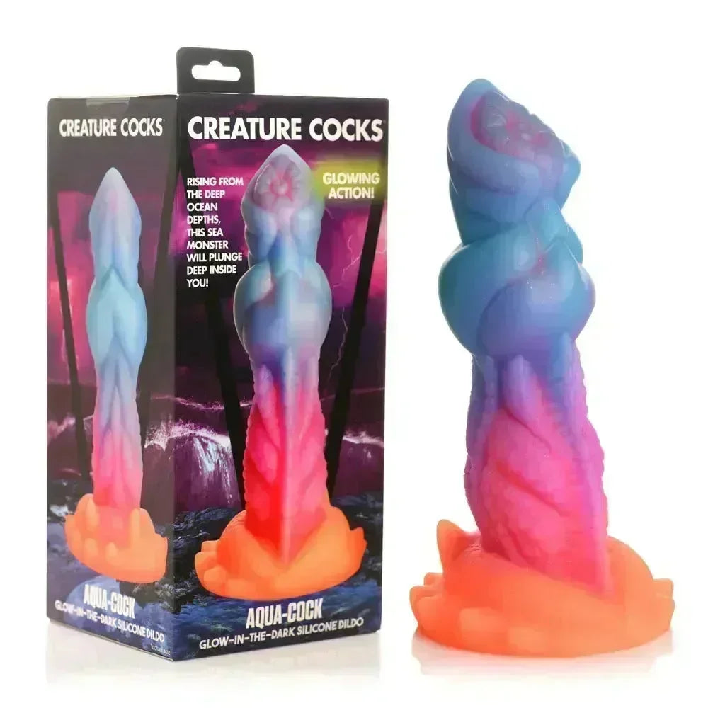 Creature Cocks Aqua-Cock - Glow in Dark Multi- 19.3 cm Fantasy Dildo - Take A Peek