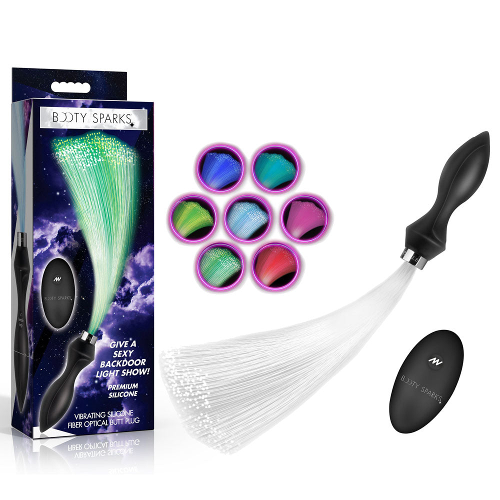 Booty Sparks Vibrating Silicone Fibre Optical Butt Plug - Black USB Rechargeable Butt Plug with Multicolour Fibre Optic Tail - Take A Peek