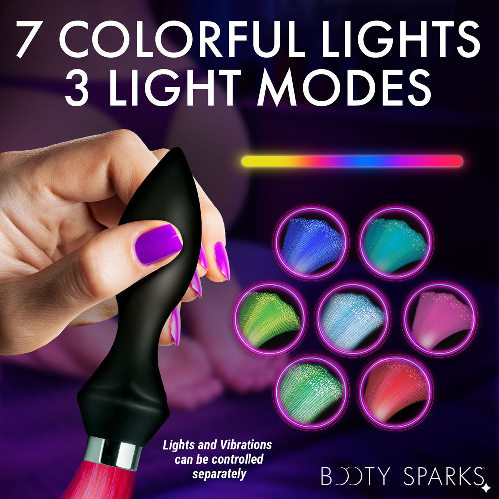 Booty Sparks Vibrating Silicone Fibre Optical Butt Plug - Black USB Rechargeable Butt Plug with Multicolour Fibre Optic Tail - Take A Peek