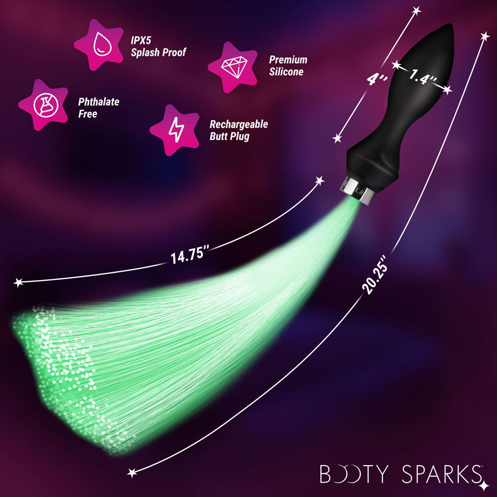 Booty Sparks Vibrating Silicone Fibre Optical Butt Plug - Black USB Rechargeable Butt Plug with Multicolour Fibre Optic Tail - Take A Peek
