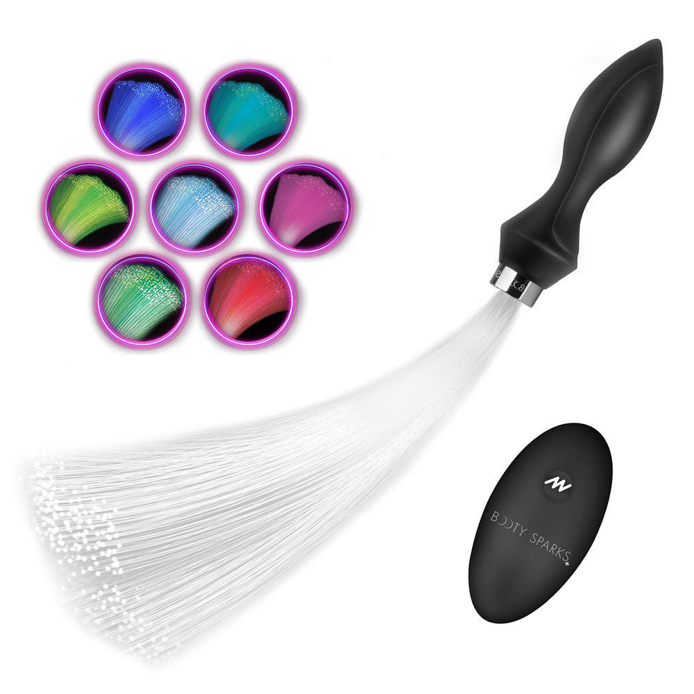 Booty Sparks Vibrating Silicone Fibre Optical Butt Plug - Black USB Rechargeable Butt Plug with Multicolour Fibre Optic Tail - Take A Peek