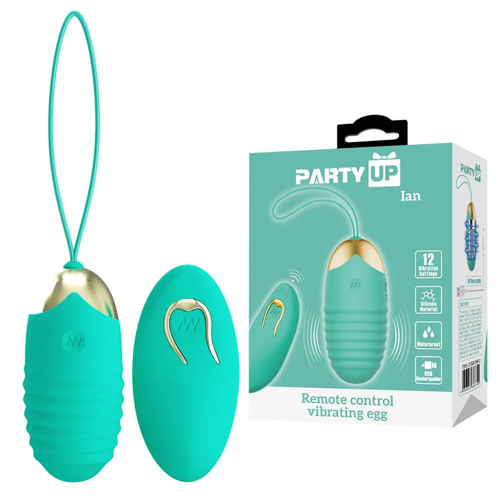 Party Up IAN Remote Egg - Teal - Teal USB Rechargeable Vibrating Egg with Wireless Remote - Take A Peek