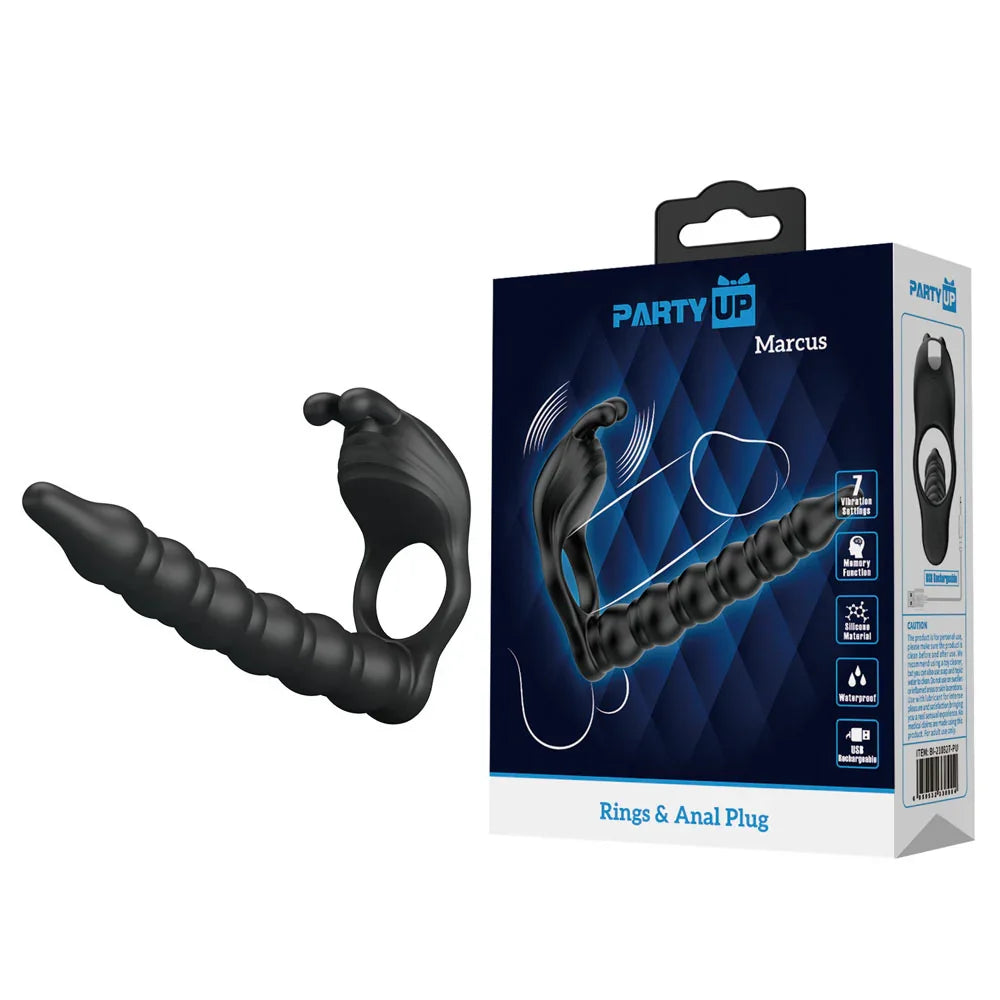 Party Up MARCUS Ring & Anal Plug - USB Rechargeable Vibrating Cock Ring with Double Penetrator - Take A Peek