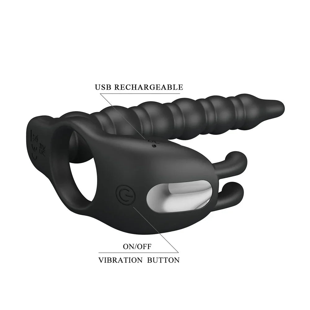 Party Up MARCUS Ring & Anal Plug - USB Rechargeable Vibrating Cock Ring with Double Penetrator - Take A Peek