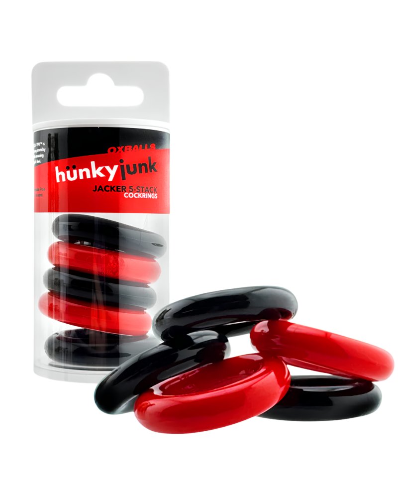 HUNKYJUNK JACKER 5-STACK five-pack tube super-strong  cockrings RED/BL...-HUJ-151-RD/BK