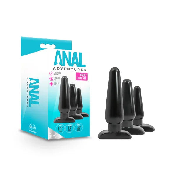 Anal Adventures Basic Plug Kit - Black Butt Plugs - Set of 3 Sizes - Take A Peek