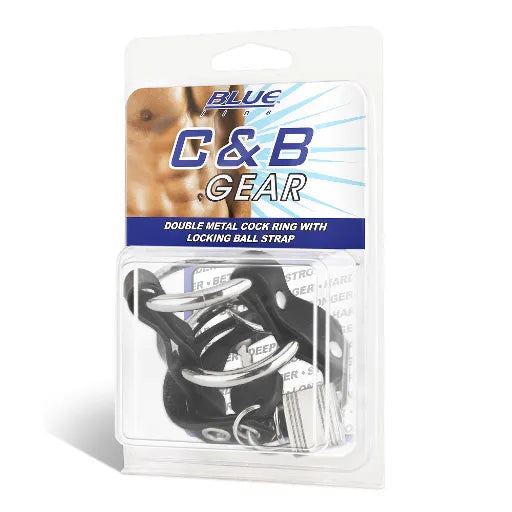 Blue Line DOUBLE METAL COCK RING WITH LOCKING BALL STRAP - Take A Peek
