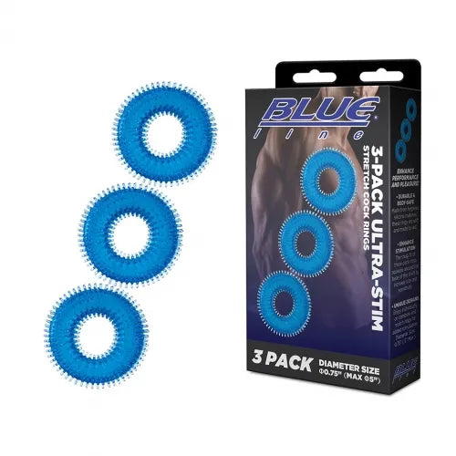 Blue Line 3-Pack Ultra-Stim Stretch Cock Rings - Take A Peek
