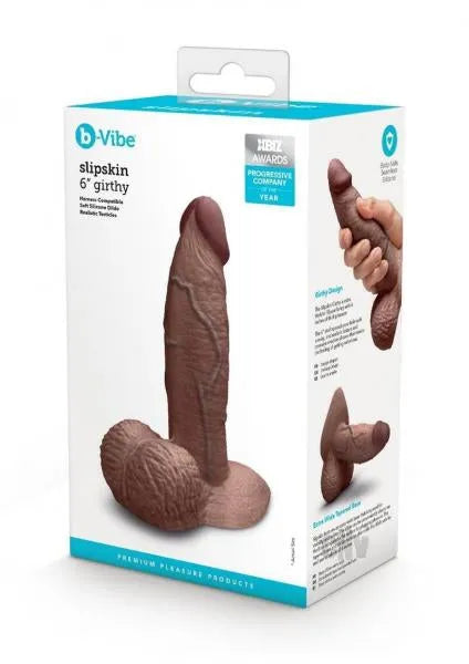 B-Vibe Slipskin Realistic Silicone Dildo- 6" Girthy Brown - Take A Peek