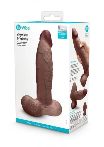 B-Vibe Slipskin Realistic Silicone Dildo- 9" Girthy Brown - Take A Peek