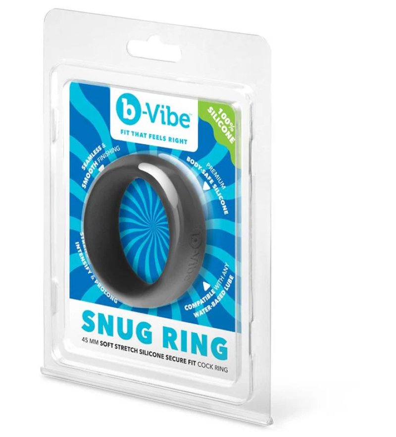 A black silicone snug ring by b-Vibe, packaged in a clear plastic blister pack with a blue and white branded backing card.