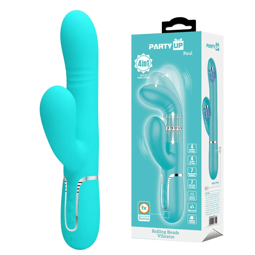 Party Up PAUL Rolling Beads Vibrator - Teal - Teal 22.6 cm USB Rechargeable Thrusting Rabbit Vibrator - Take A Peek