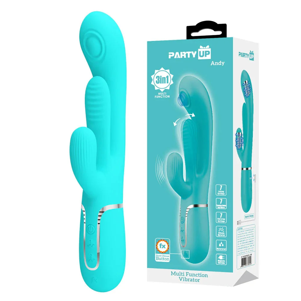 Party Up ANDY Multi Function Vibrator - Teal - Teal 22.2 cm USB Rechargeable Rabbit Vibrator with Flicking and Thumping Tip - Take A Peek