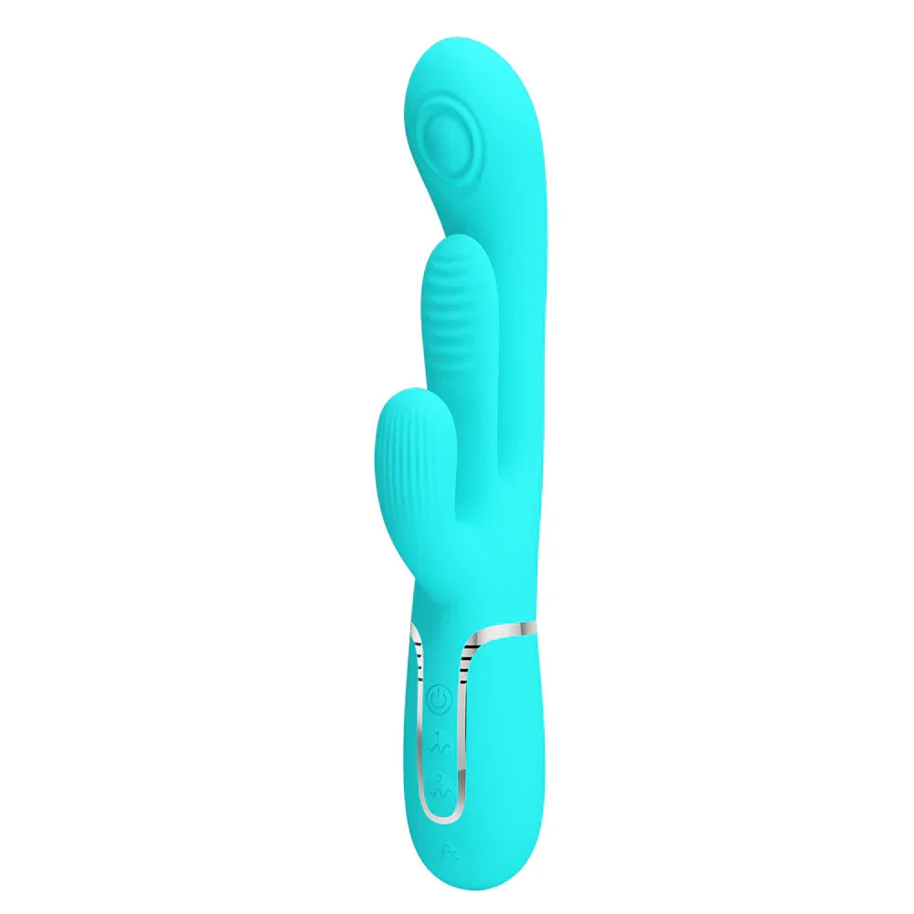 Party Up ANDY Multi Function Vibrator - Teal - Teal 22.2 cm USB Rechargeable Rabbit Vibrator with Flicking and Thumping Tip - Take A Peek