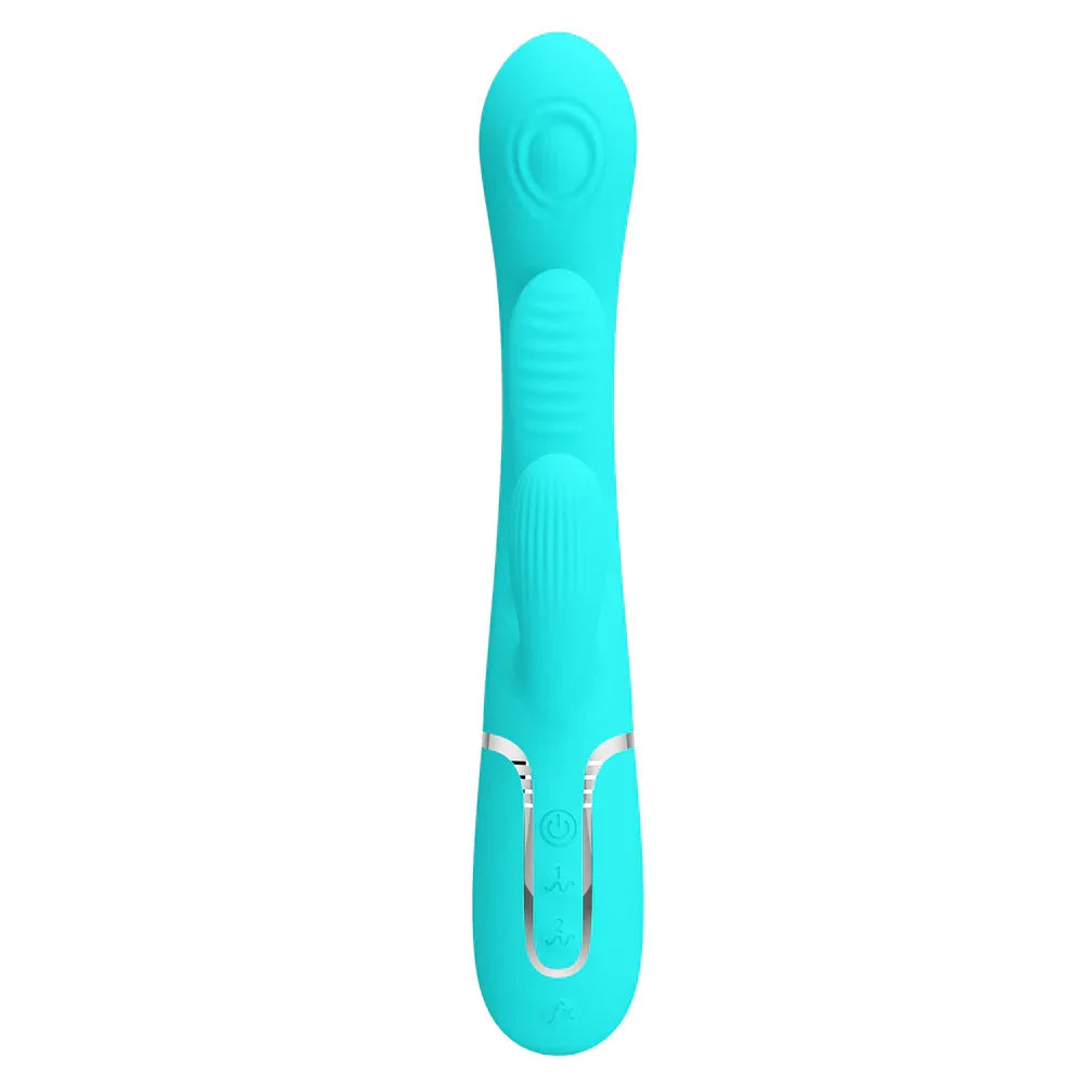 Party Up ANDY Multi Function Vibrator - Teal - Teal 22.2 cm USB Rechargeable Rabbit Vibrator with Flicking and Thumping Tip - Take A Peek