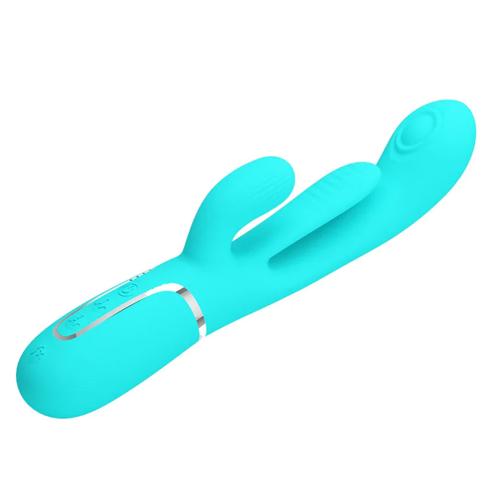 Party Up ANDY Multi Function Vibrator - Teal - Teal 22.2 cm USB Rechargeable Rabbit Vibrator with Flicking and Thumping Tip - Take A Peek