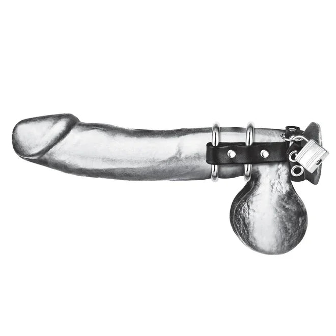 Blue Line DOUBLE METAL COCK RING WITH LOCKING BALL STRAP - Take A Peek