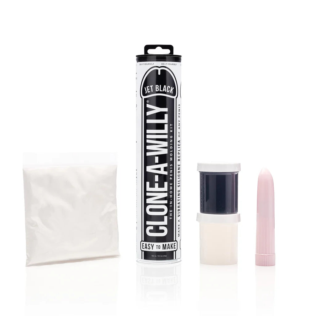 Clone-A-Willy product set with black tube, white cloth, and pink applicator on a white background
